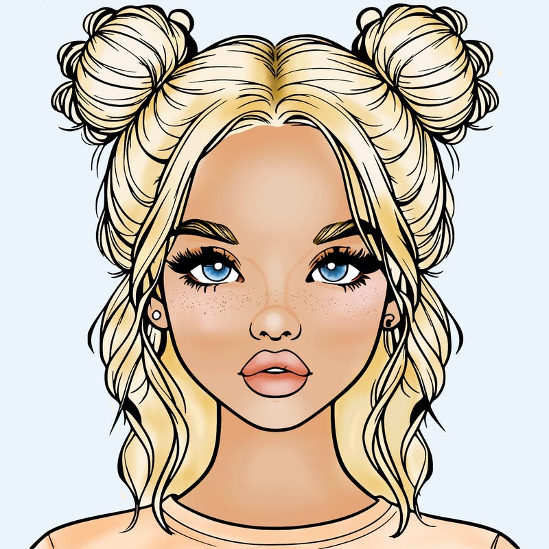 realistic girl with two buns in hair and lips