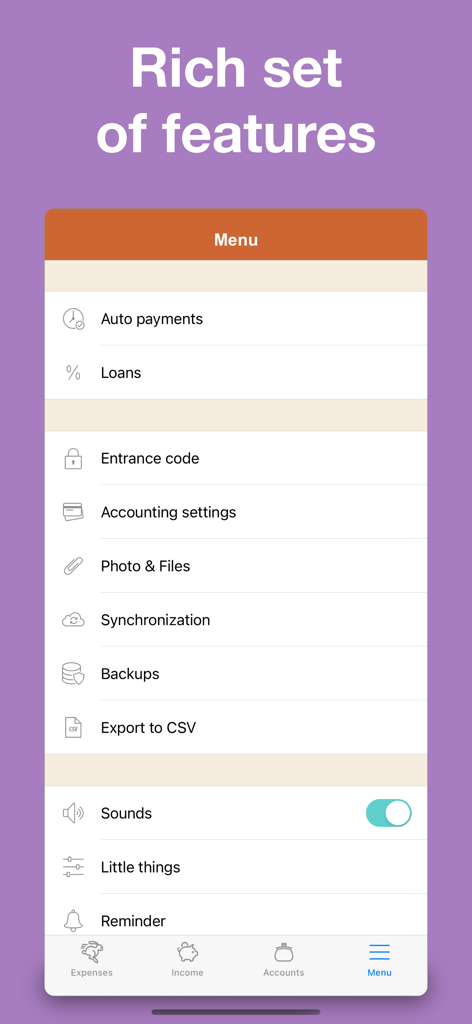 Menübildschirm der Finance OK App, der Funktionen wie automatische Zahlungen, Kredite und Cloud-Synchronisierung anzeigt