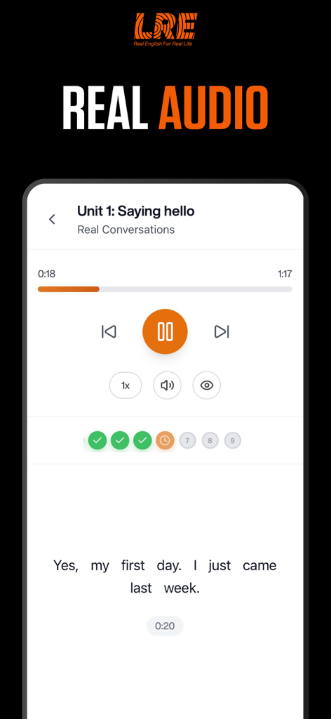 LRE® - Learn Real English - Audio player interface in the Learn Real English app displaying a conversation titled Saying hello.