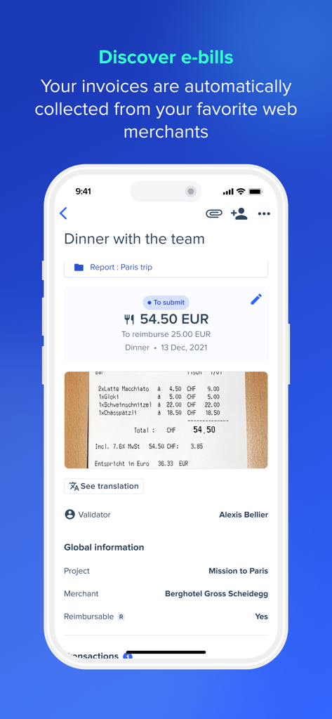 Expensya app screen showing automated e-bill collection and business expense report