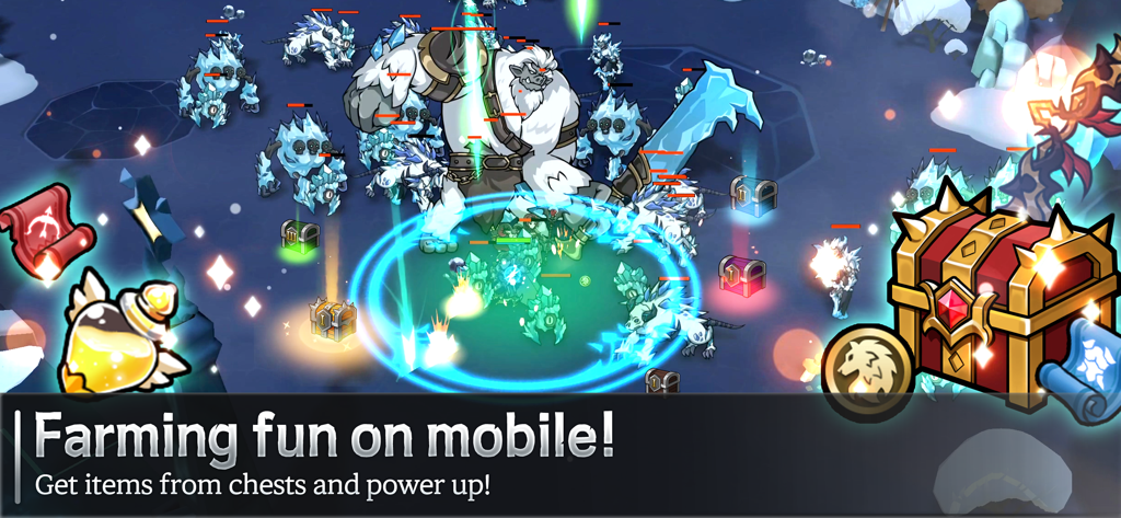 Ash N Veil : Fast Idle Action - Ash N Veil game screen showing hero fighting monsters and collecting loot chests