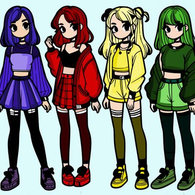 one girl with crop-top shirt and a jacket with a skirt, long socks and another girl with a shirt and pants with a jacket