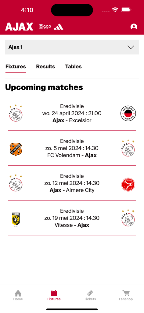 Ajax Official App - Upcoming match fixtures on the Ajax Official App