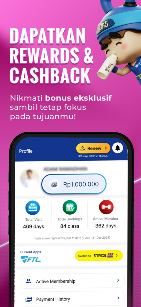 FTL STRIDE mobile app profile screen showing member status and rewards information