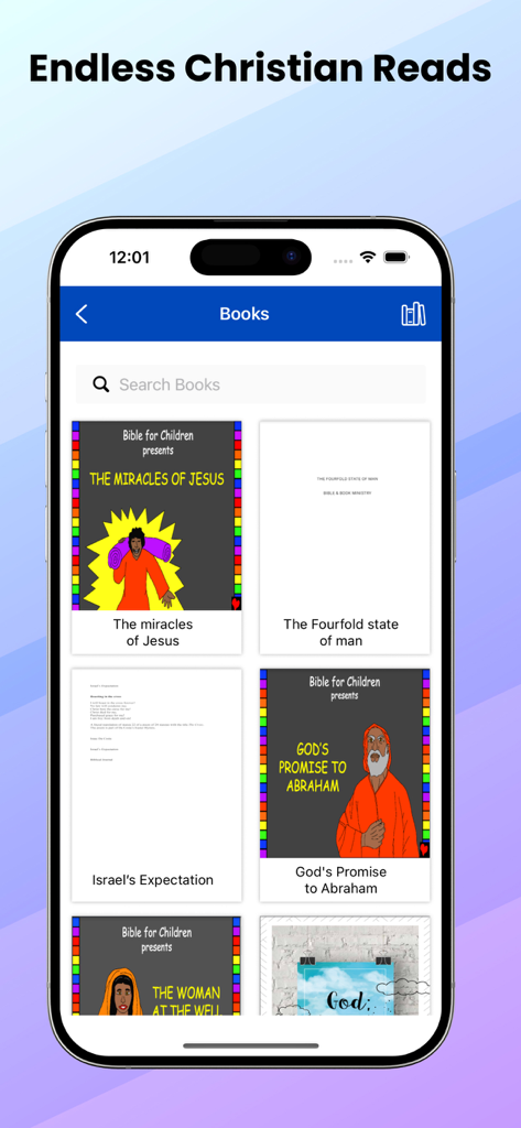 Farsi Bible (Persian Bible) - Farsi Bible app interface showing a library of Christian books and childrens stories.