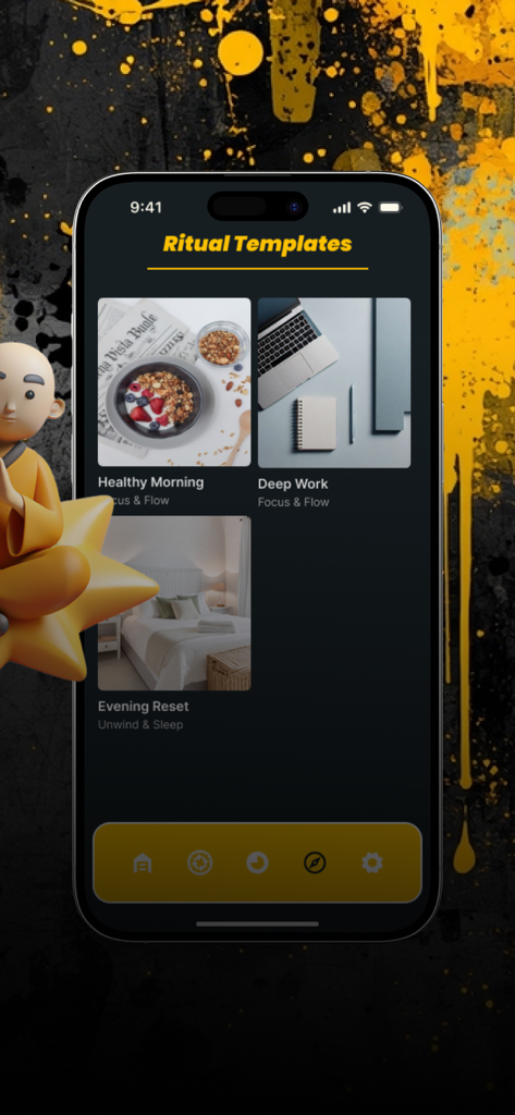 Écran de l'application Mind Balance Rituals montrant des modèles de rituels pour 'Matinée Saine', 'Travail de Fond' et 'Réinitialisation du Soir'.