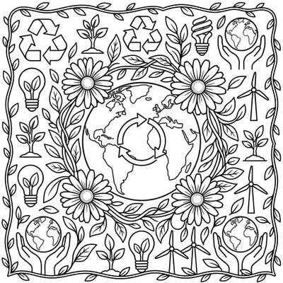 Dive into a world of environmental awareness and natural beauty with this intricate Earth Day coloring page. Featuring delicate white daisies and symbols of sustainability, it's a perfect way to celebrate our planet.