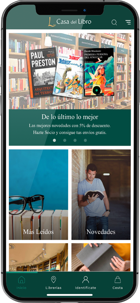 Casa del Libro mobile app home screen featuring book promotions and categories like Most Read and New Arrivals.