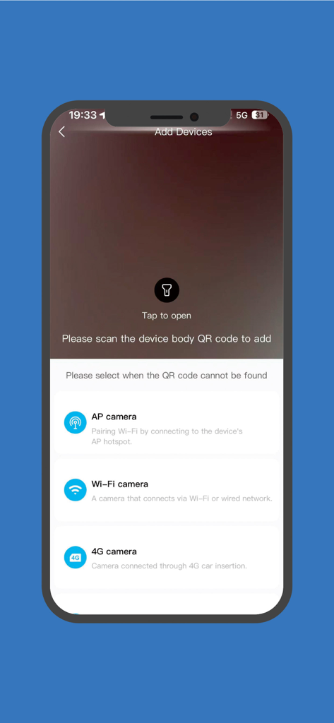 LooK Camera - Interface of LooK Camera app showing the Add Devices screen with QR code scanner and manual connection options for WiFi and 4G cameras
