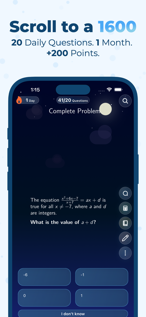 Dolphin: Digital SAT Test Prep - Dolphin app interface showing a Digital SAT math practice question with multiple choice options in a social media style scrolling feed