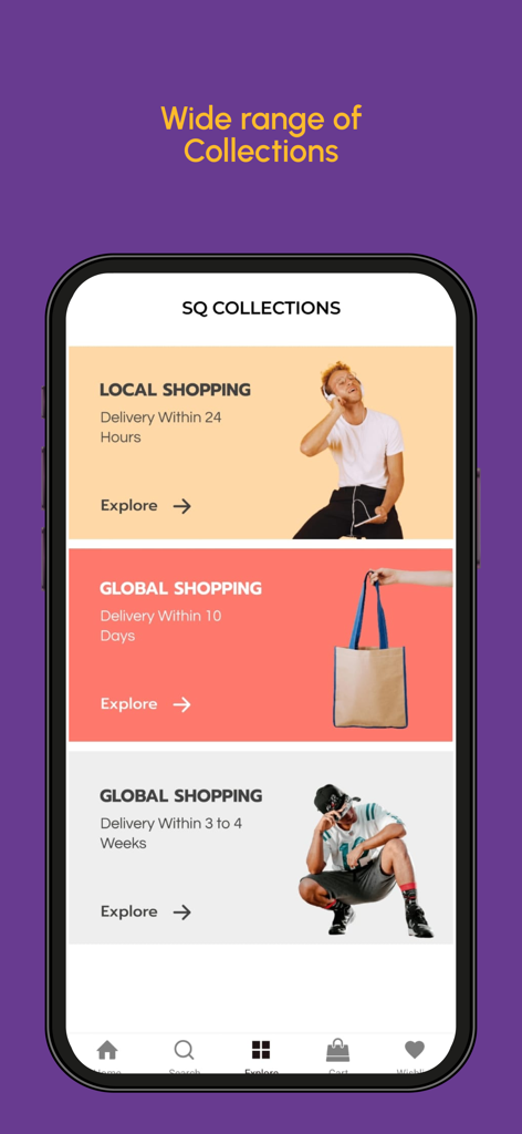 SOOOQ - For a Life Full of Joy - SOOOQ mobile app screen showing local and global shopping collections with different delivery time options