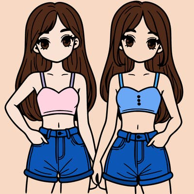 two sisters with crop tops and jean shorts and straight hair