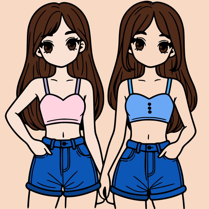 two sisters with crop tops and jean shorts and straight hair