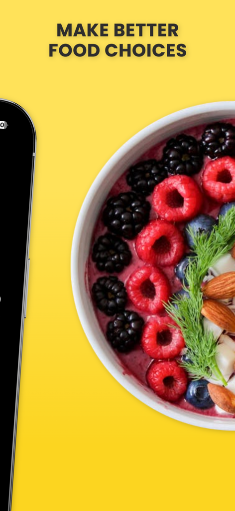 Easiest Calorie Counter - Batido de frutas saludables con bayas y almendras sobre un fondo amarillo con el texto Haz Mejores Opciones de Comida