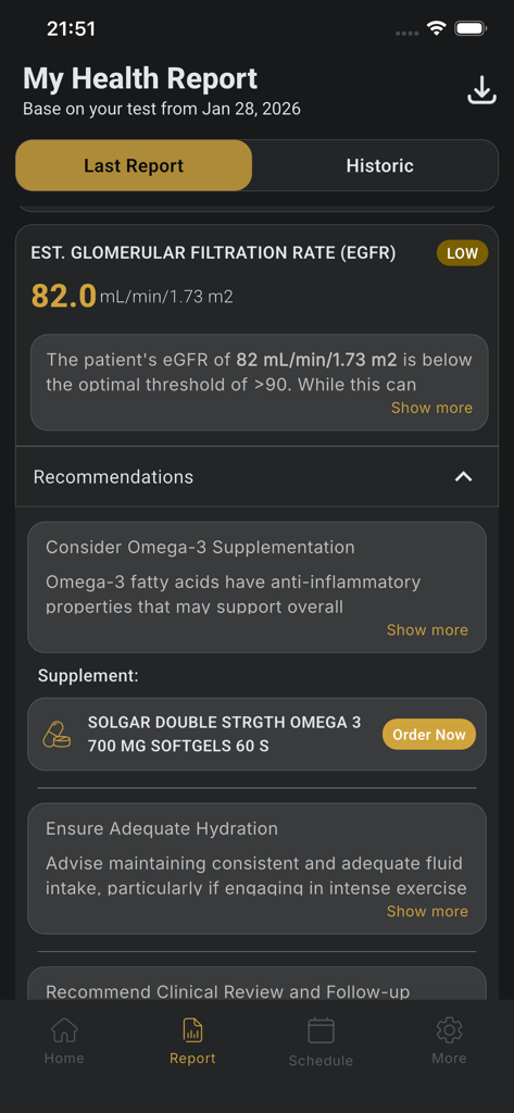 Luma Wellness - Aplicativo Luma Wellness exibindo um relatório de saúde personalizado com resultados de exames laboratoriais e recomendações de suplementos.