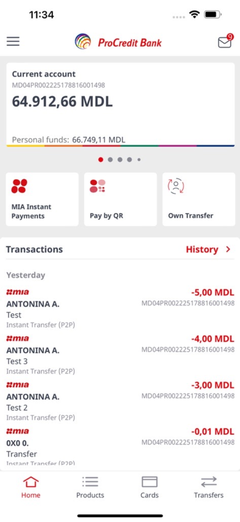 ProCredit Moldova mobile banking app dashboard showing account balance and recent transactions