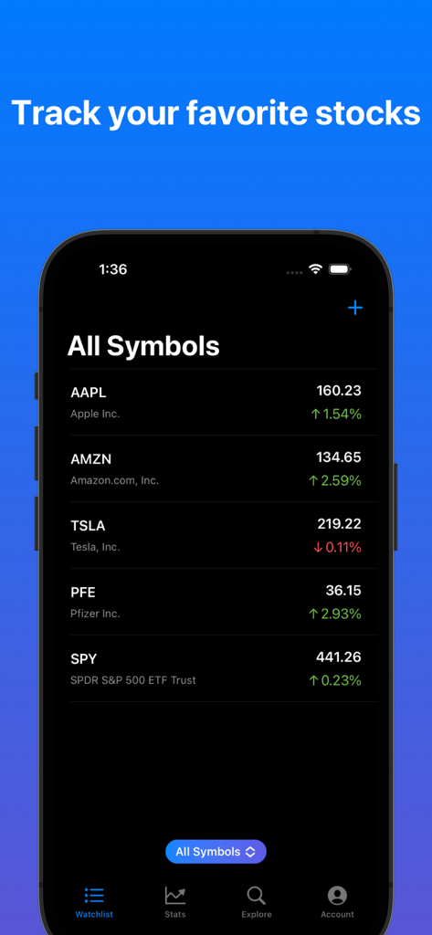 Stock Analyzer for Investing - Captura de pantalla del iPhone de la aplicación Stock Analyzer que muestra una lista de seguimiento de acciones y ETFs con cambios de precios en tiempo real.