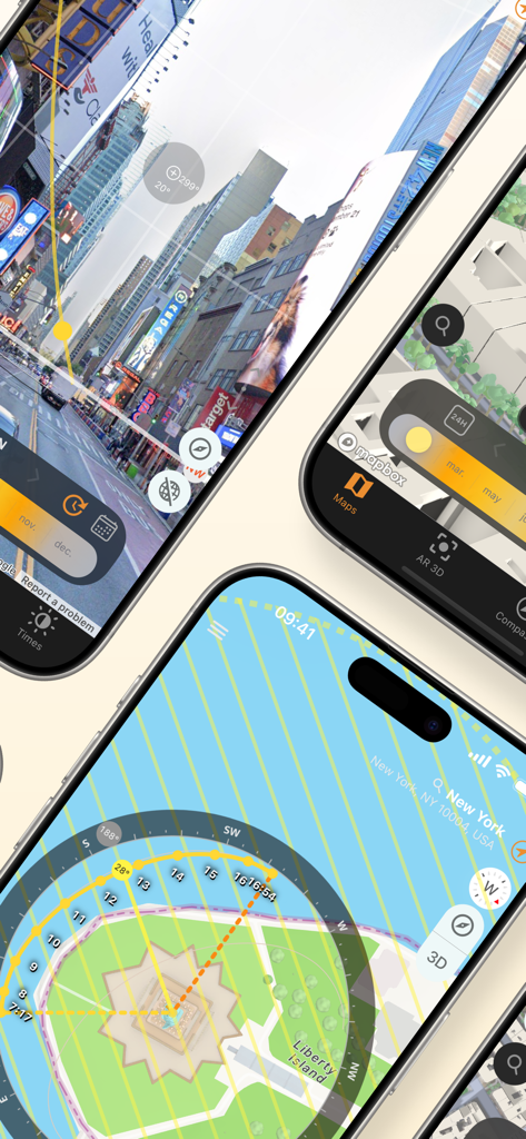 Sun Quest - Tracker & Seeker - Sun Quest app showing AR sun tracking and 3D maps.