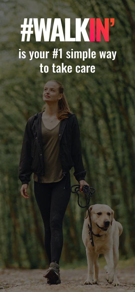 A woman walking her dog in a forest with the Walkin app slogan
