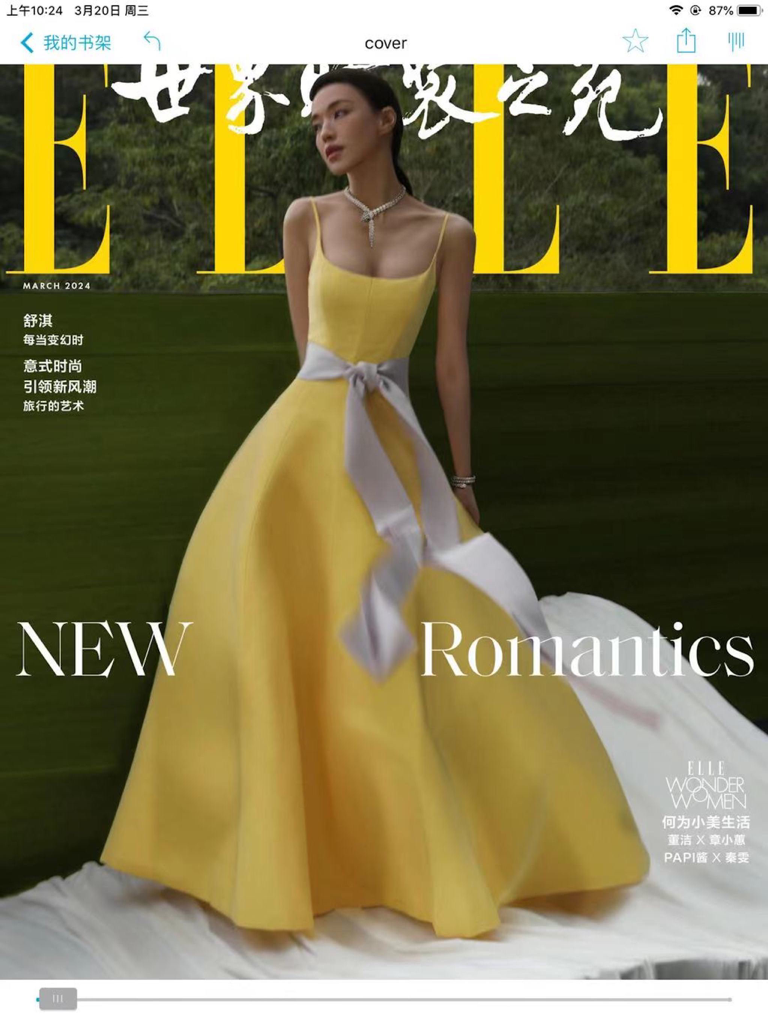 ELLE China - Digital cover of the ELLE China March 2024 magazine issue on iPad featuring a model in a yellow gown