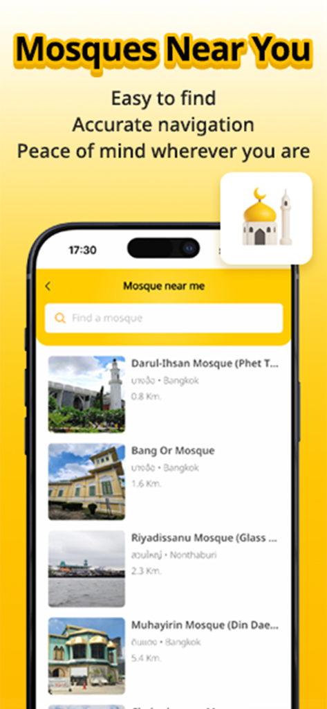 Makan Halal - Makan Halal app screen showing a list of nearby mosques in Bangkok Thailand with distance information