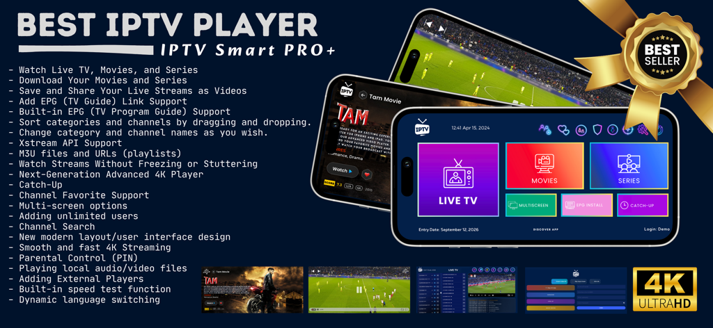IPTV Smart Pro - Live TV - IPTV Smart Pro App-Oberfläche auf dem iPhone, die Live-TV-, Film- und Sport-Streaming-Funktionen mit einer Liste technischer Fähigkeiten anzeigt