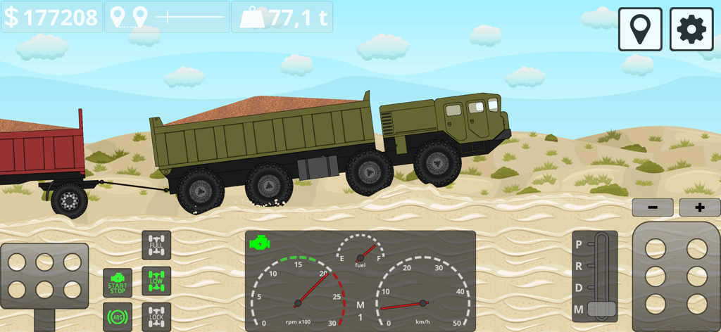 Gameplay 2D del simulatore Mini Trucker che mostra un camion pesante che trasporta sabbia su un terreno sabbioso con un cruscotto tecnico dettagliato.