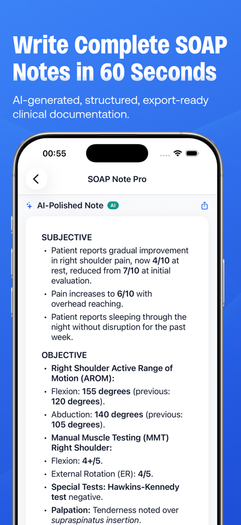 PhysioPocket: PT SOAP AI - PhysioPocket app screenshot showing AI-generated clinical SOAP notes for physical therapy.