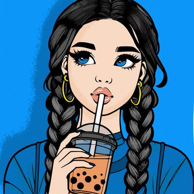 realistic girl with braided hair drinking boba