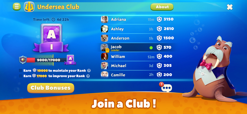 Undersea Solitaire Tripeaks - A menu screen for the Undersea Club in Undersea Solitaire Tripeaks showing player rankings and a walrus character in a tuxedo
