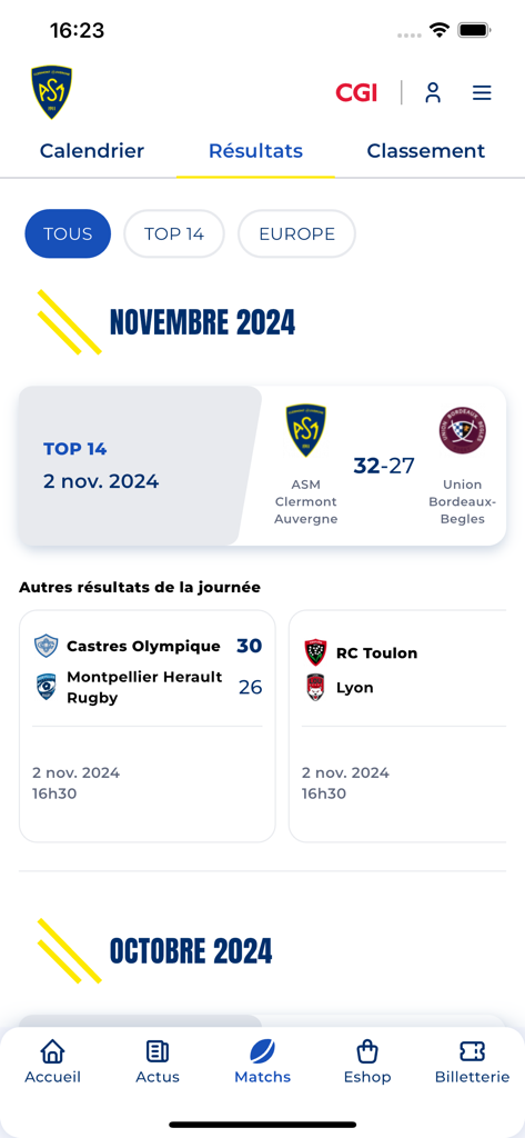 ASM Clermont Auvergne - ASM Clermont Auvergne rugby app interface showing Top 14 match results and scores for November 2024