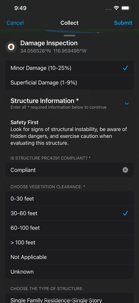 ArcGIS Field Maps - ArcGIS Field Maps mobile interface showing a digital damage inspection smart form for field data collection
