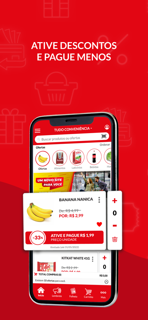 Tudo Conveniência - Interface do aplicativo Tudo Conveniencia mostrando descontos exclusivos em compras e ofertas diárias