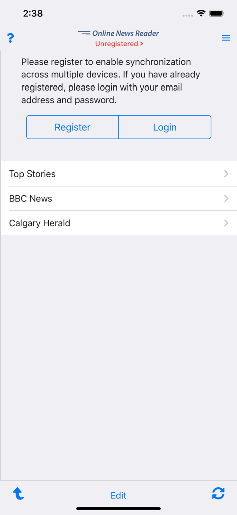 Home screen of the Online News Reader app showing the registration prompt and a list of news sources like BBC News