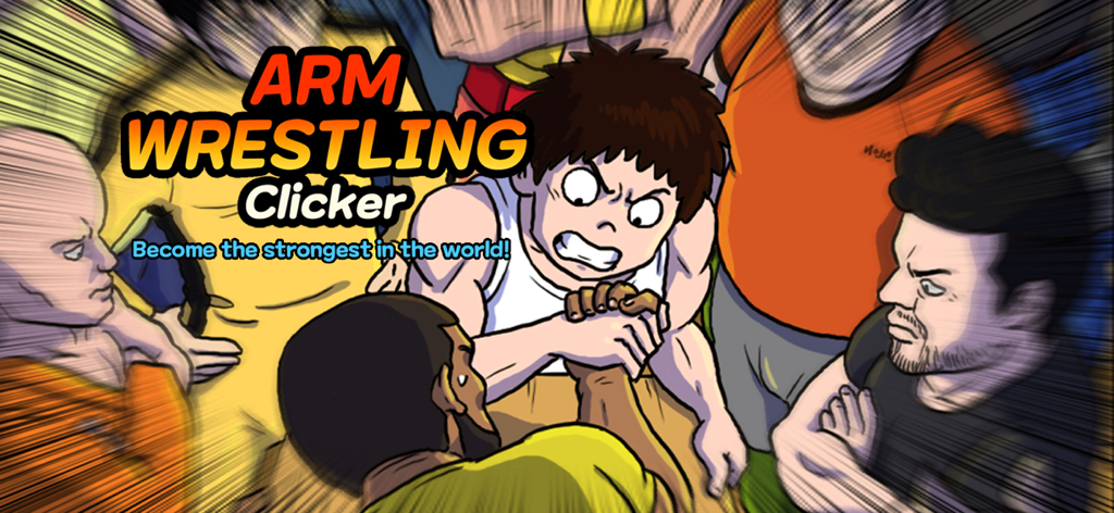 Arm Wrestling Clicker - Cartoon illustration of a young man arm wrestling an opponent in front of a crowd