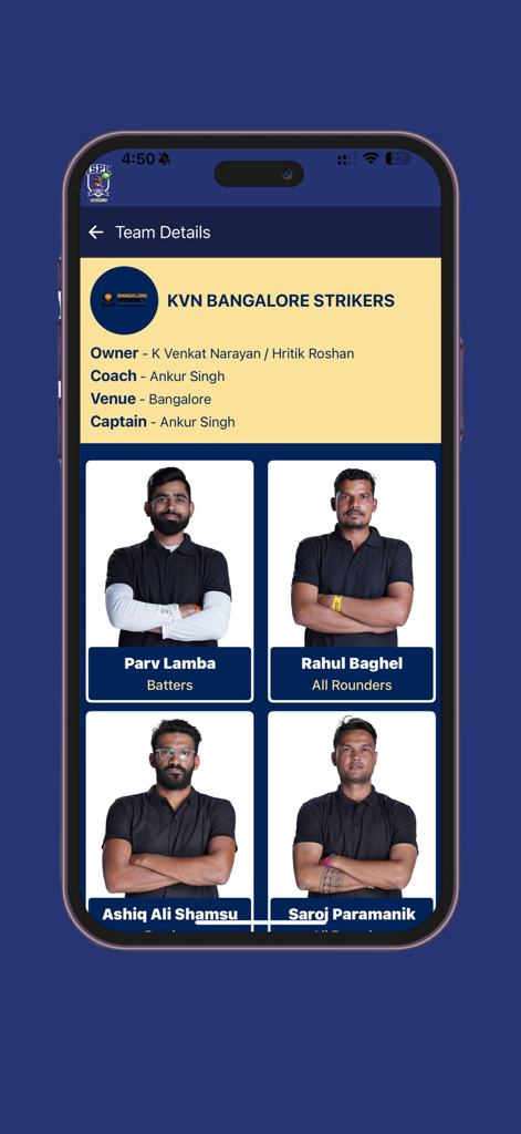 KVN Bangalore Strikers team details and player roster on the ISPL T10 cricket app