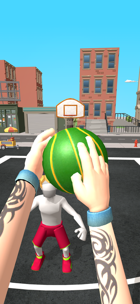 Perspectiva en primera persona de un jugador sosteniendo un balón de baloncesto verde en una cancha urbana en Dribble Hoops