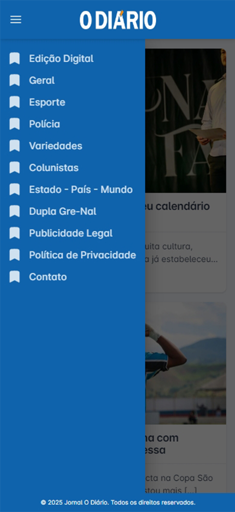 Jornal - O Diário - Menu de navegação do aplicativo Jornal O Diário mostrando categorias como Edição Digital, Esportes e Notícias Gerais.