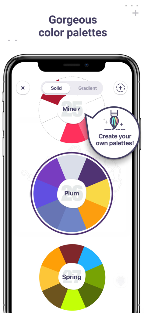 Coloring Book for Me - Mobile app screen showing various circular color palettes and a custom palette creator tool