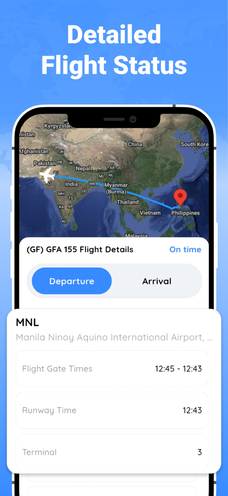 Track Flight : Find Flight - Interfaccia dell'app mobile che mostra lo stato dettagliato del volo con una mappa live e informazioni sugli arrivi in aeroporto
