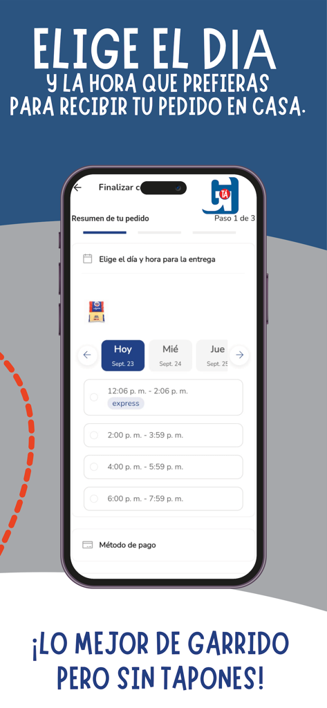 Garrido Ta - Garrido Ta app screen for selecting delivery day and time with express options