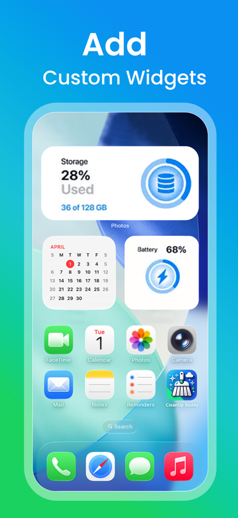 CleanUp Buddy: Phone Cleaner - CleanUp Buddy app interface showing custom iOS widgets for storage usage and battery percentage on an iPhone home screen