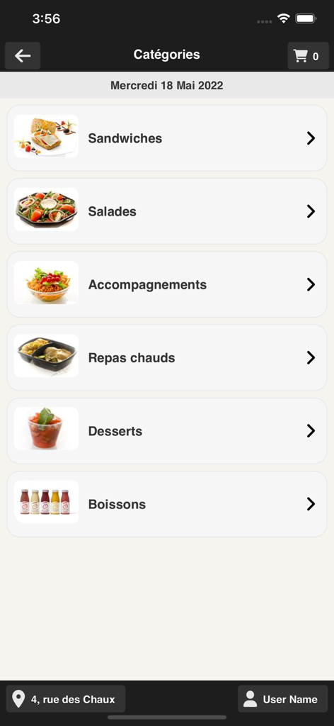 Lunchtime mobile app interface showing food categories for ordering lunch including sandwiches and salads
