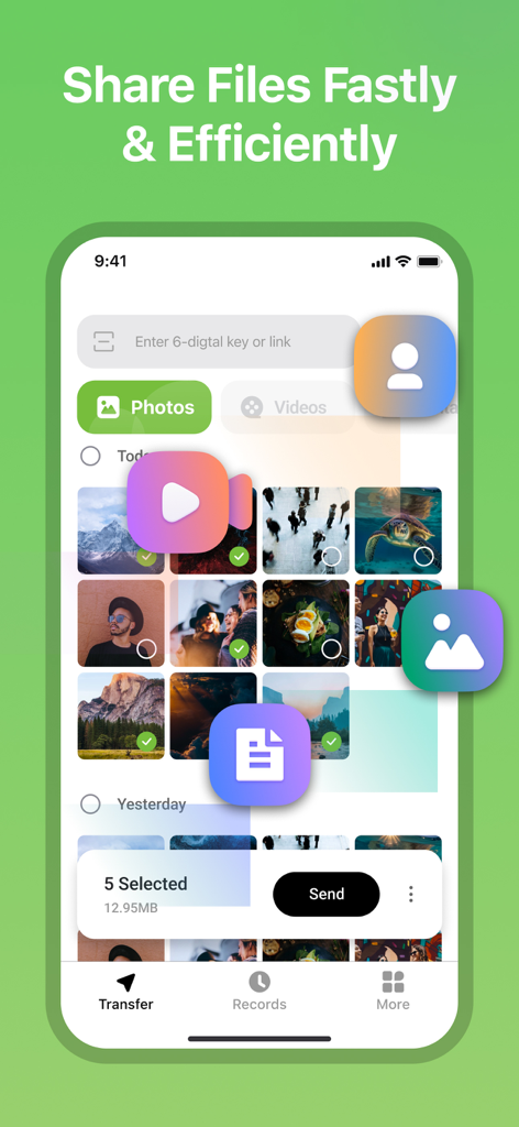 User interface of Tracover app showing photo selection for fast and efficient file sharing.