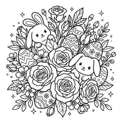 Welcome the joy of spring and Easter with this delightful coloring page, blending charming bunnies and patterned eggs with elegant roses. It's the perfect artistic activity for celebrating the season of renewal and happiness.