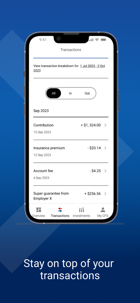 Colonial First State app screen showing transaction history for an Australian superannuation account