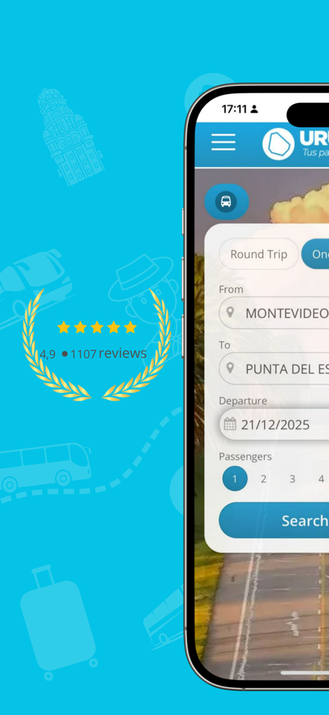 Smartphone screen displaying the URUBUS app bus ticket search form for travel in Uruguay.