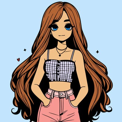 realistic girl in crop top with long hair cute