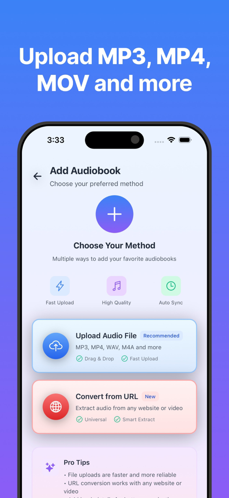 Audiobook Player Offline Books - Interfaz de la aplicación Audiobook Player mostrando opciones para subir archivos de audio o convertir contenido desde una URL.