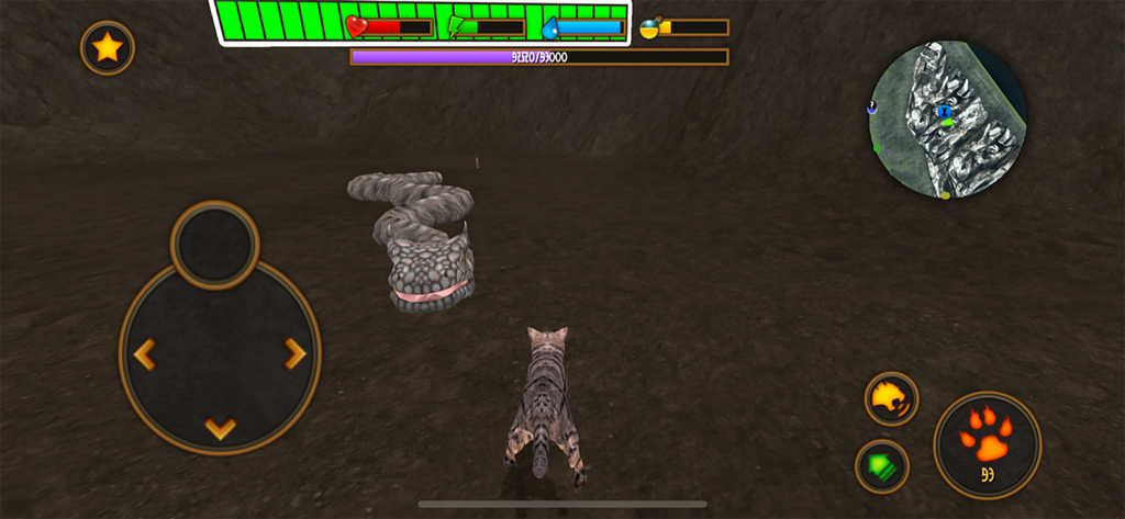 A cat warrior facing a giant snake boss in a dark cave in the game Clan Of Cats